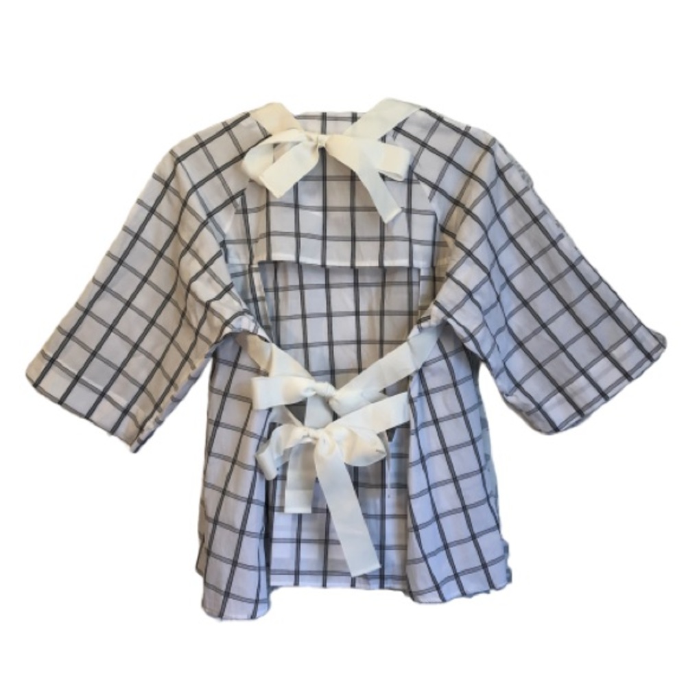 ASOS White/Black Plaid Grid Tie-Back Blouse Top